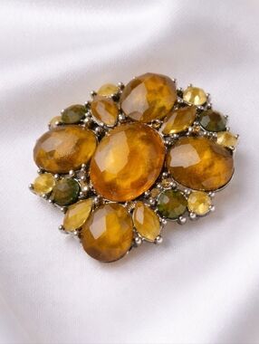 Amber Glass Statement Brooch Gold Tone Green Accent Rhinestone Pin Statement